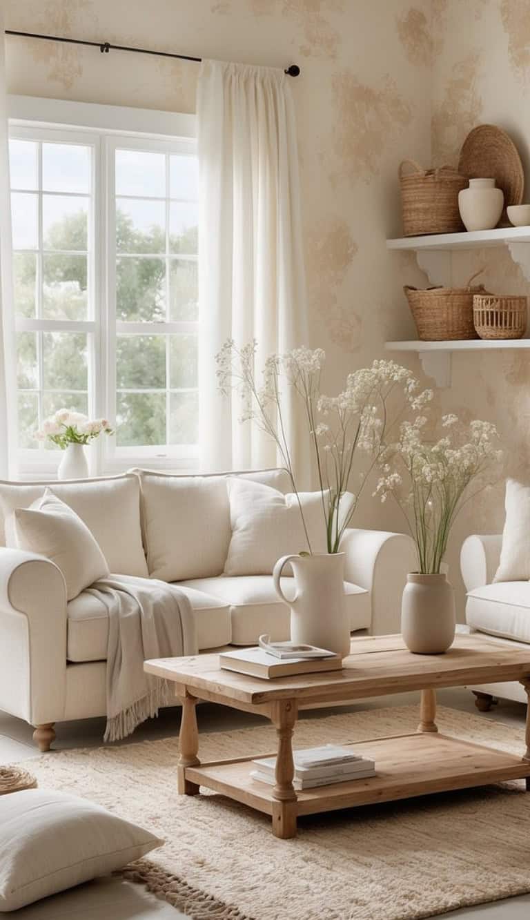 A cozy living room featuring a light-colored sofa with multiple cushions, a wooden coffee table holding books, and two vases with delicate white flowers. The room has a large window draped with sheer curtains, soft textured walls, and shelves displaying woven baskets, creating a serene atmosphere.