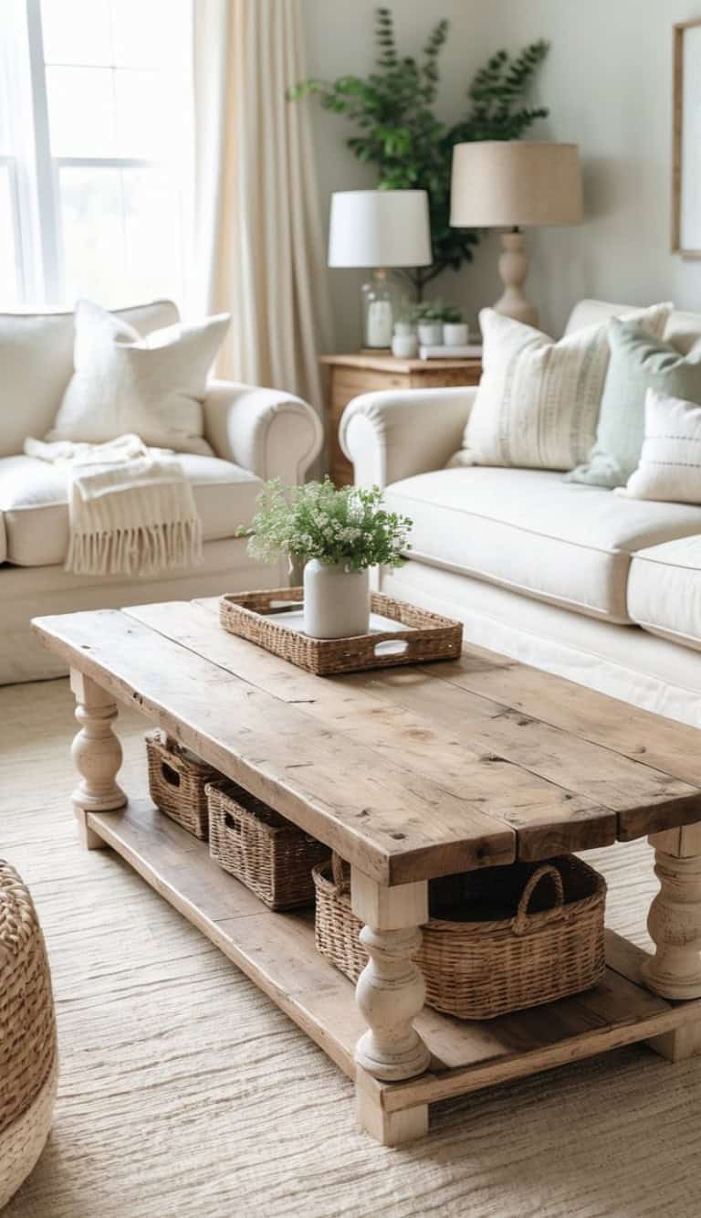A cozy living room featuring a rustic wooden coffee table with a plant in a white pot and a woven tray on top, surrounded by a cream-colored sofa adorned with pillows, a beige lamp, and woven storage baskets beneath the table.