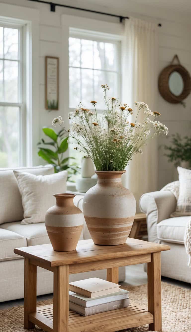 A cozy living room featuring a wooden coffee table with two clay vases, one larger and one smaller, both filled with flowers. The background includes a comfortable sofa, light-colored curtains, and large windows, with green plants visible near the window.