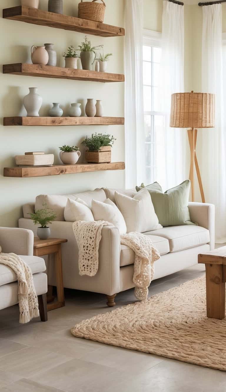 A cozy living room featuring a white sofa adorned with numerous pillows, a wooden coffee table, and a large woven rug. There are rustic wooden shelves on the wall displaying various pots and plants, complemented by soft white curtains letting in natural light.