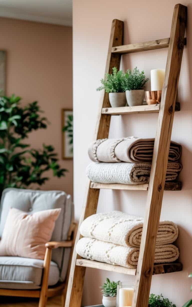 A wooden ladder shelf against a soft pink wall holds neatly stacked blankets in various colors and textures, with small potted plants and candles displayed on the top shelf. In the background, a cozy armchair with a pink cushion and greenery adds to the warm ambiance.