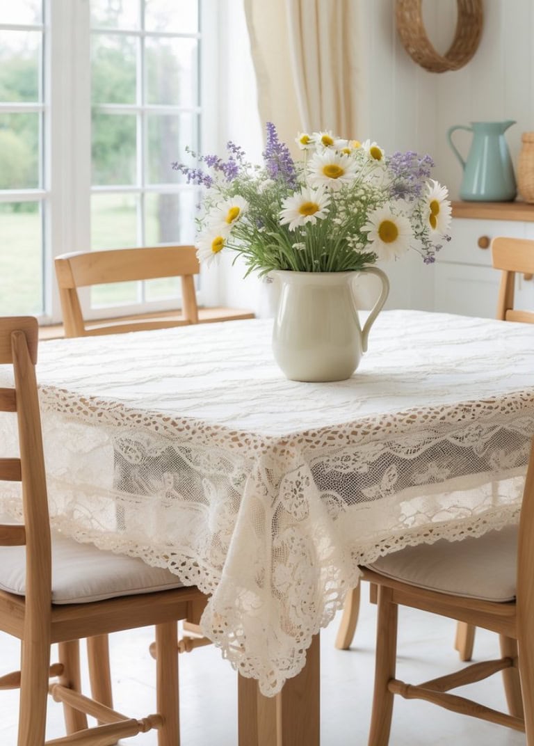 A wooden dining table covered with a delicate lace tablecloth, featuring a bouquet of daisies and lavender in a cream-colored pitcher, with light streaming in through large windows, creating a cozy atmosphere.