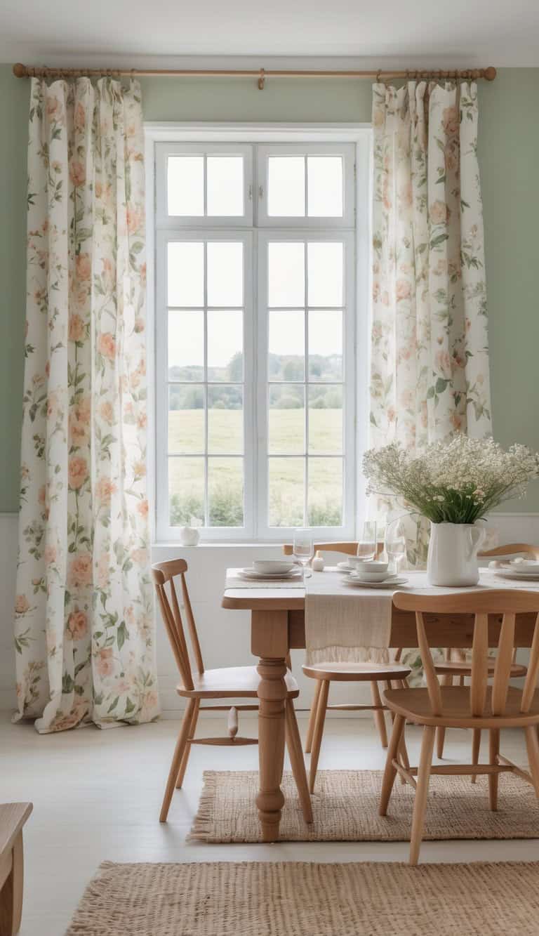 A cozy dining room with a wooden table set for a meal, featuring white dishes and a vase of flowers. Large windows adorned with floral curtains provide a view of a green landscape outside.