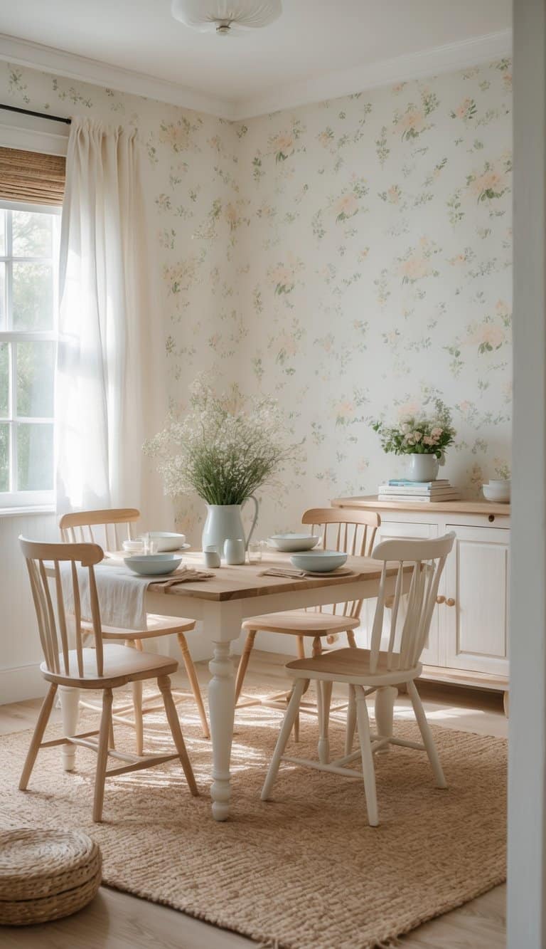 A cozy dining area featuring a round wooden table set with two light blue bowls and glasses, surrounded by four wooden chairs. A vase of flowers sits on the table, and a sideboard in the background holds plants and books. The room is adorned with floral wallpaper and bathed in natural light from a window with sheer curtains.