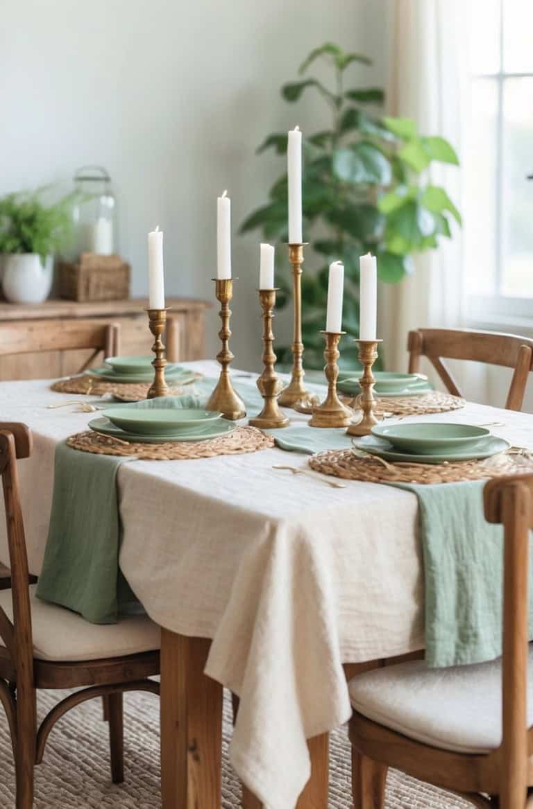 A beautifully set dining table with a neutral-colored tablecloth, featuring green plates on woven placemats, and tall golden candlesticks holding white candles. In the background, there is a wooden side table with a plant and decorative items.