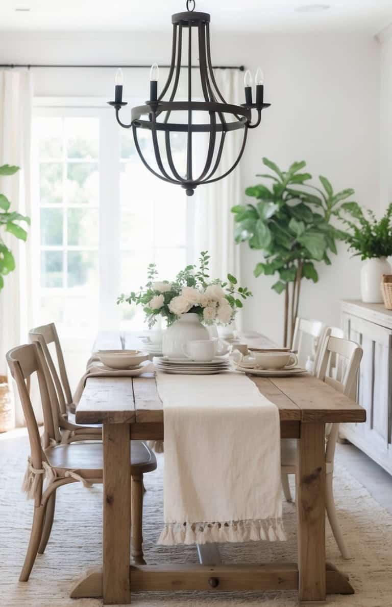 A bright dining room featuring a wooden table set for a meal, with white dishes and a floral centerpiece. Above the table hangs a decorative black chandelier, and large windows allow natural light to fill the space, complemented by green plants in the corners.