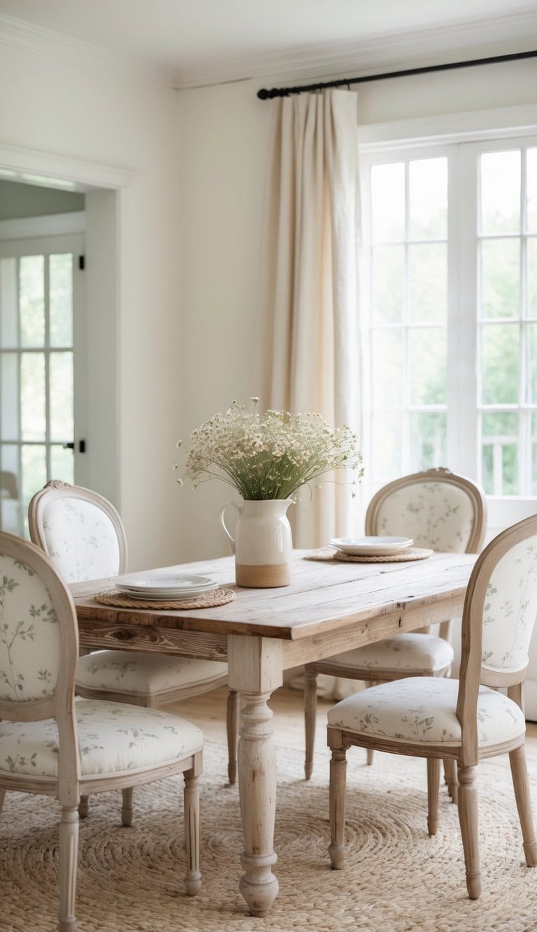 A cozy dining area featuring a wooden table surrounded by four upholstered chairs with floral patterns. A beige pitcher filled with small white flowers is on the table, which also has white plates and woven placemats. Natural light streams in through large windows with light curtains, enhancing the warm atmosphere.