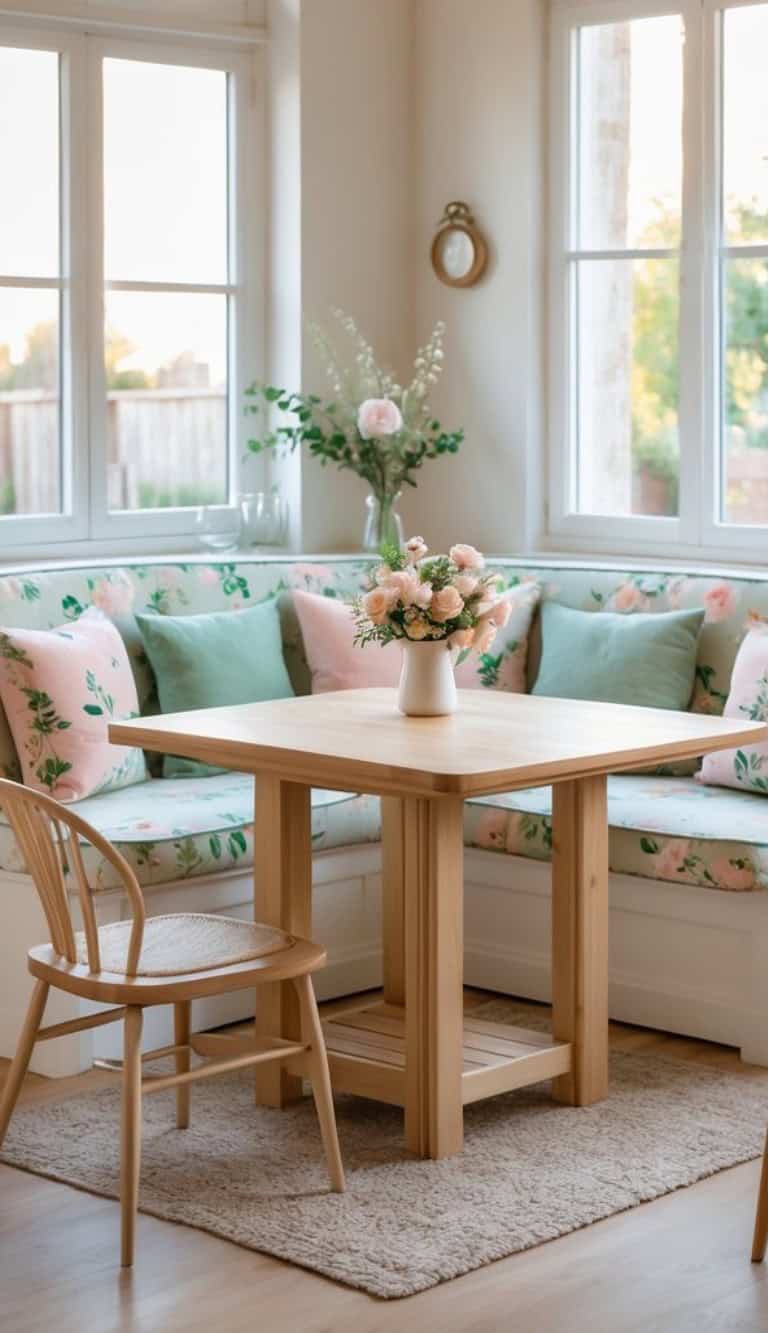 A cozy dining nook featuring a wooden table and a light-colored chair with a woven seat. The corner bench has a floral-patterned cushion with soft pillows in pastel colors. A small vase with pink flowers sits on the table, and natural light floods in through large windows.