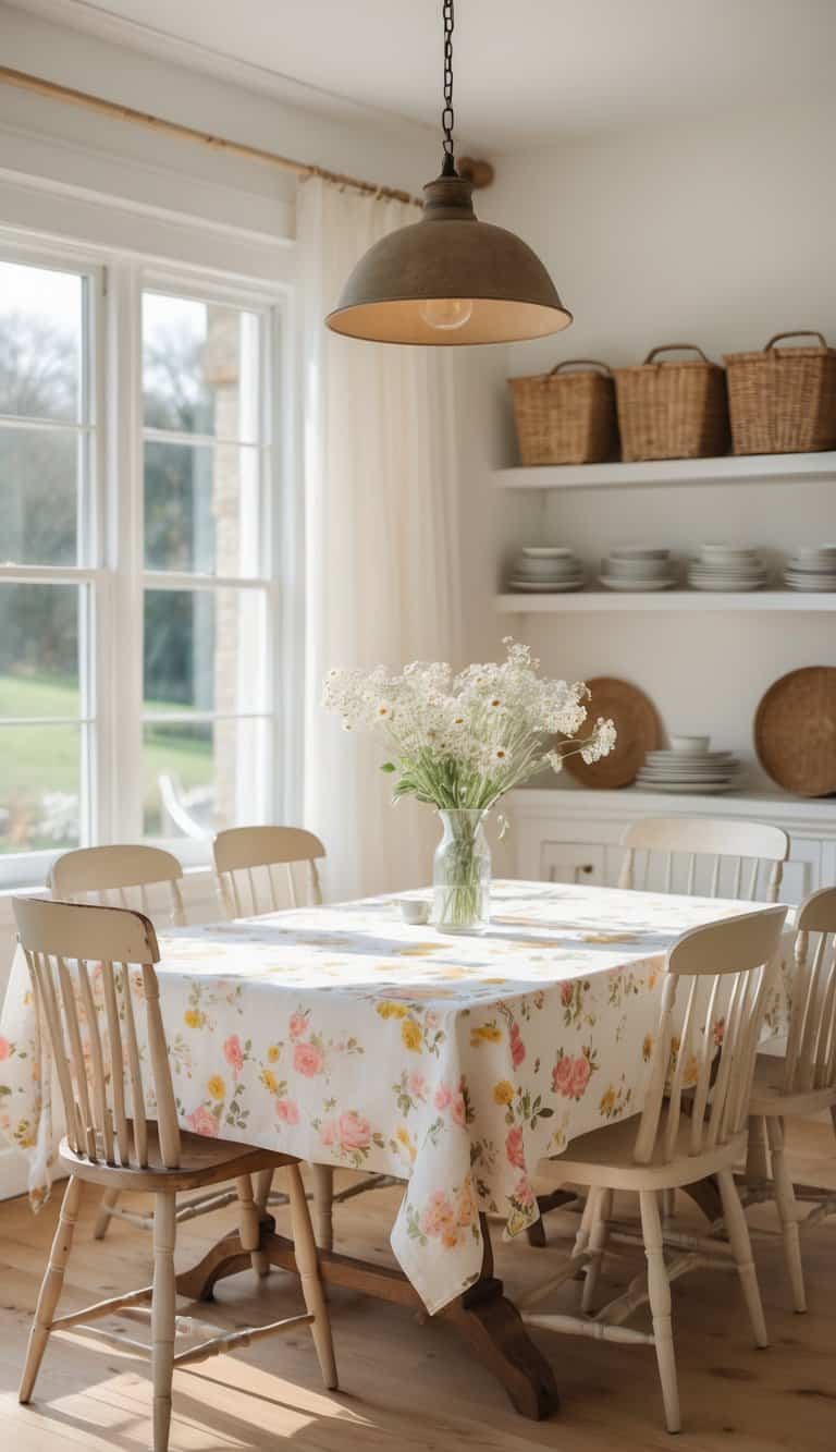 A bright dining room featuring a wooden table covered with a floral tablecloth, surrounded by light-colored wooden chairs. A vase with white flowers stands at the center of the table. The room has large windows allowing natural light to flood in, with woven baskets and plates neatly arranged on shelves in the background.