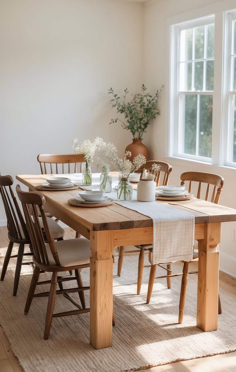 A well-lit dining room featuring a wooden table set with plates and jars of flowers, surrounded by wooden chairs. A decorative woven rug is beneath the table, and a large potted plant is visible in the background by a window.