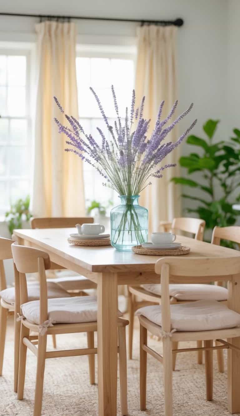 A wooden dining table set with two white teacups on placemats, topped with a large vase of lavender flowers, surrounded by light-colored chairs and a softly lit room with curtains and greenery in the background.