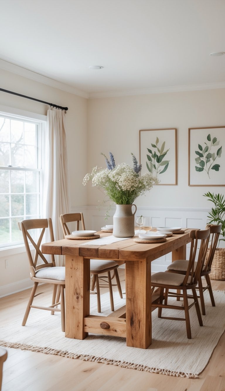 A cozy dining area featuring a large wooden table set with white plates and woven placemats, complemented by wooden chairs. A vase filled with wildflowers stands at the center, and botanical prints hang on the walls. Natural light streams in through a large window, enhancing the warm and inviting atmosphere.