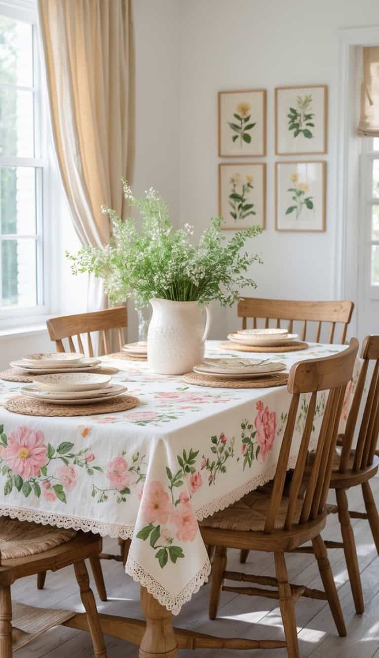 A dining table set with a floral-patterned tablecloth, featuring pink flowers and green foliage. There are several plates arranged on woven placemats, and a large white pitcher filled with greenery is the centerpiece. The room has light curtains and framed botanical prints on the wall.