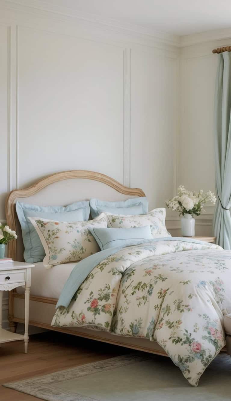 A cozy bedroom featuring a wooden bed frame with a floral duvet and decorative pillows in soft colors. A bedside table holds a vase with fresh flowers, while light blue curtains drape beside a window. The walls are painted white, creating a bright and serene atmosphere.