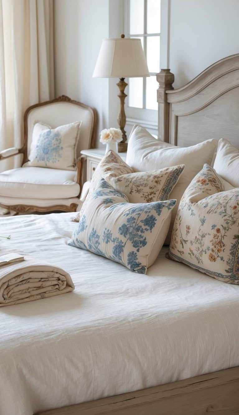 A cozy bedroom featuring a neatly made bed with light linen bedding and several decorative pillows with floral patterns in soft colors. A rolled blanket is placed at the foot of the bed. In the background, a comfortable armchair and a bedside table with a lamp and flowers are visible, enhancing the warm ambiance of the room.