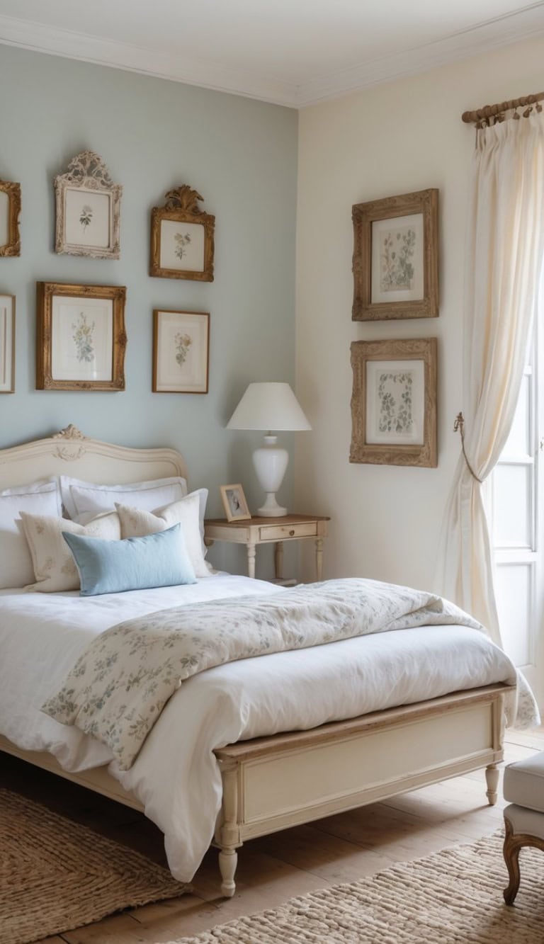 A cozy bedroom featuring a light bed with patterned bedding, decorative pillows, and framed botanical prints on the wall. A nightstand with a white lamp sits beside the bed, and soft curtains frame a window that lets in natural light.