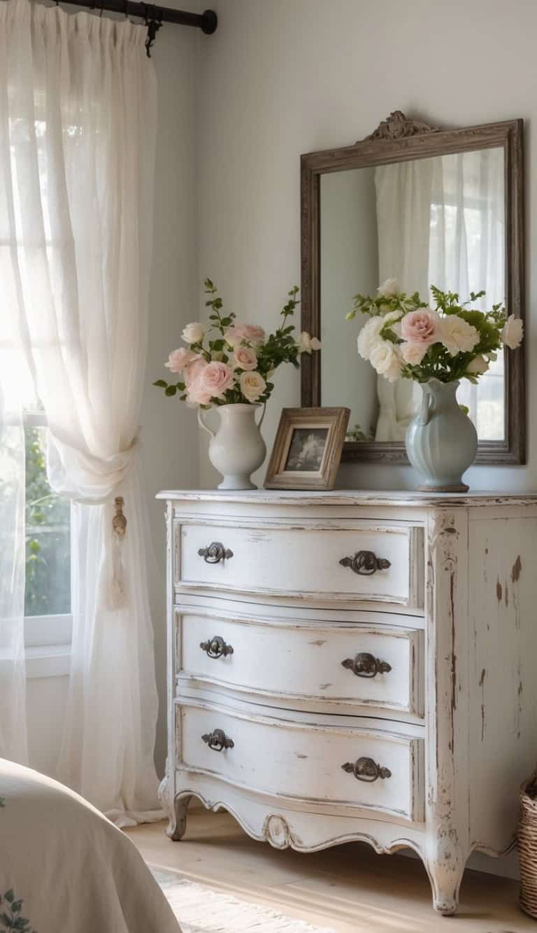 A vintage white dresser with three curved drawers is placed against a softly lit wall, adorned with a decorative mirror. On top of the dresser, there are two vase arrangements of fresh flowers, featuring pink and white blooms, along with a small picture frame. Sheer white curtains filter light from a window to the left, creating a warm and inviting atmosphere.