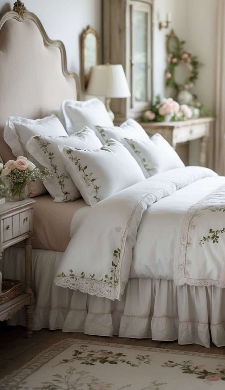 An elegantly arranged bedroom featuring a large upholstered headboard, multiple decorative pillows with floral embroidery, and a soft white bedding set. A bedside table holds a small vase of roses and baby's breath, and the room is adorned with floral decorations and natural light flooding through nearby windows.