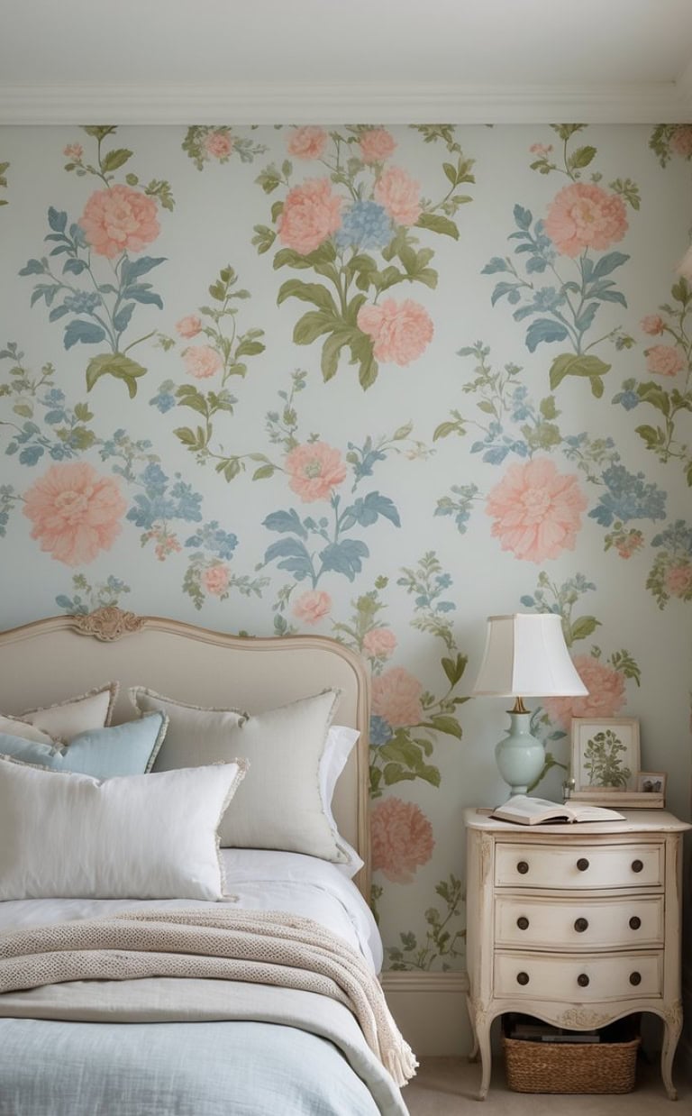 A cozy bedroom featuring a floral wallpaper with pink, blue, and green peonies, a cream-colored upholstered bed with decorative pillows, a knitted beige throw blanket, a side table with a lamp and a few books, and a framed plant picture.