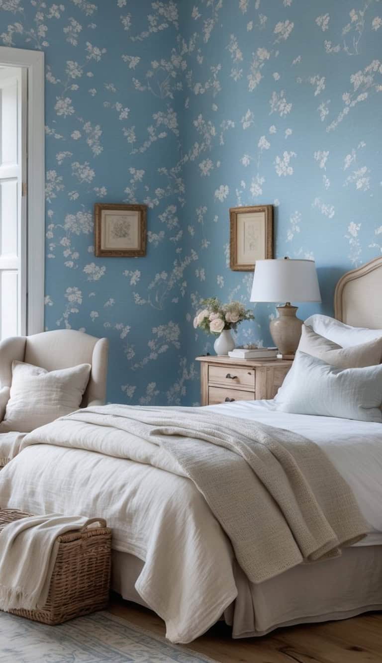 A cozy bedroom featuring soft blue floral wallpaper, a light-colored bed with layered bedding, a bedside table with a lamp and a vase of pink flowers, and a comfortable armchair in the corner.
