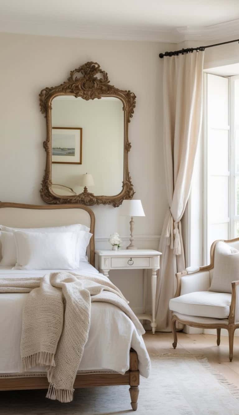 A cozy bedroom featuring a wooden bed with white bedding and an intricately designed vintage mirror above. There's a small nightstand with a lamp beside the bed, and a comfortable armchair is positioned near a window draped with light curtains.