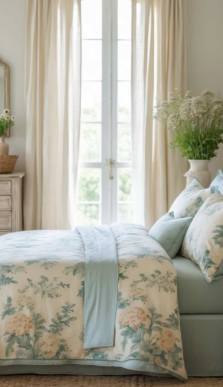 A softly decorated bedroom featuring a light-colored floral bedspread with blue accents on the bed, adorned with matching pillows. Natural light filters through sheer curtains, illuminating a vase of flowers on a wooden dresser nearby.