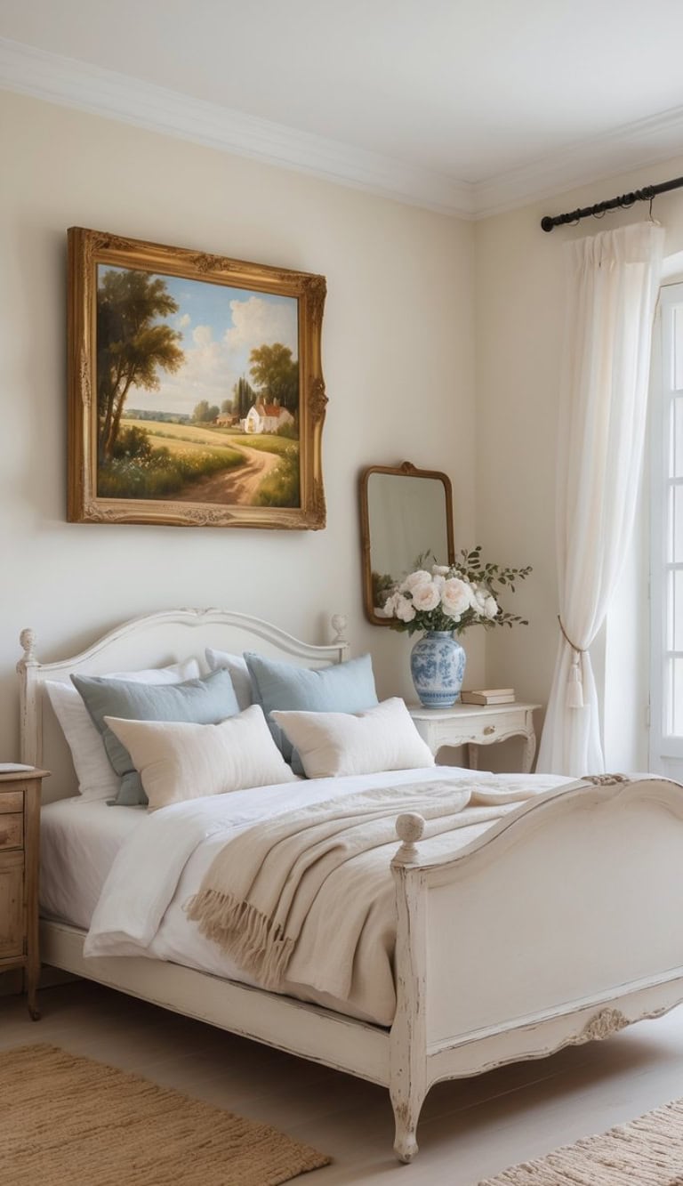 A serene bedroom featuring a white wooden bed with light blue and white pillows, a beige throw blanket, and a vintage-style nightstand. A large painting of a rural landscape hangs on the wall, accompanied by a round mirror and a blue ceramic vase filled with white flowers. Soft natural light enters through sheer curtains.