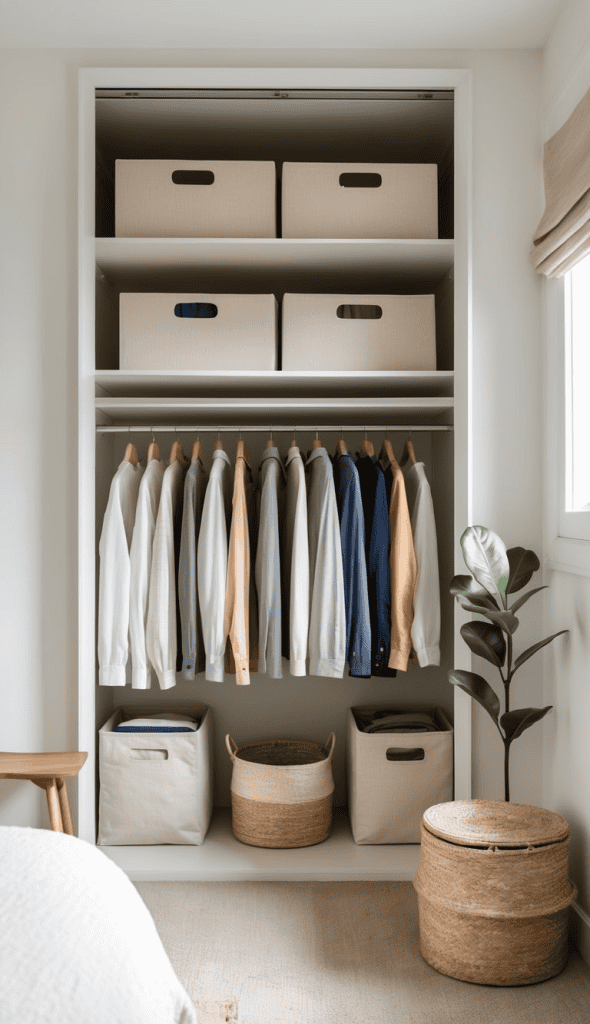 A neatly organized closet featuring hanging shirts in various colors, with storage boxes on the upper shelves and fabric baskets on the lower shelves. A plant is positioned in the corner, and the overall aesthetic is clean and minimalistic.