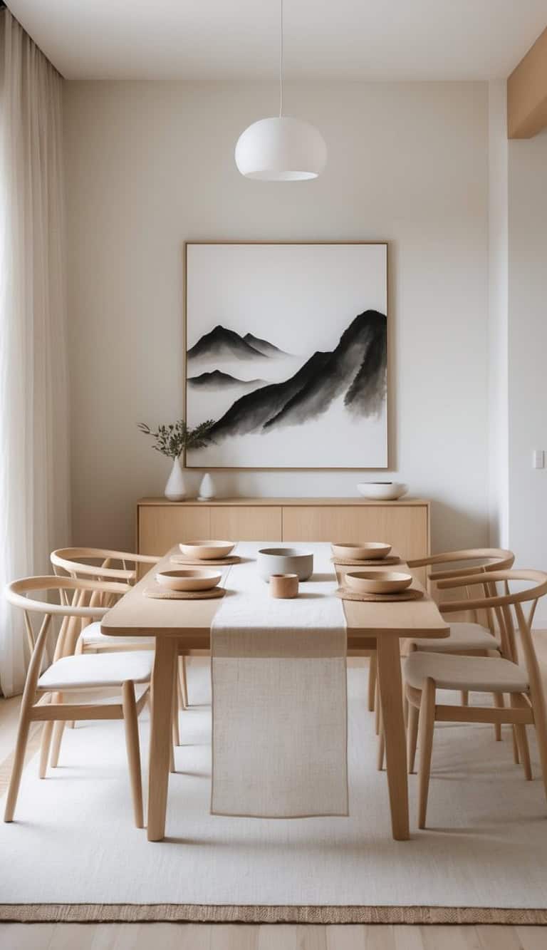 A minimalist dining room featuring a wooden table set for a meal, with round wooden plates and a central bowl. The walls are light-colored, adorned with a large black and white mountain painting. Soft curtains frame a window, and a modern pendant light hangs from the ceiling above the table.