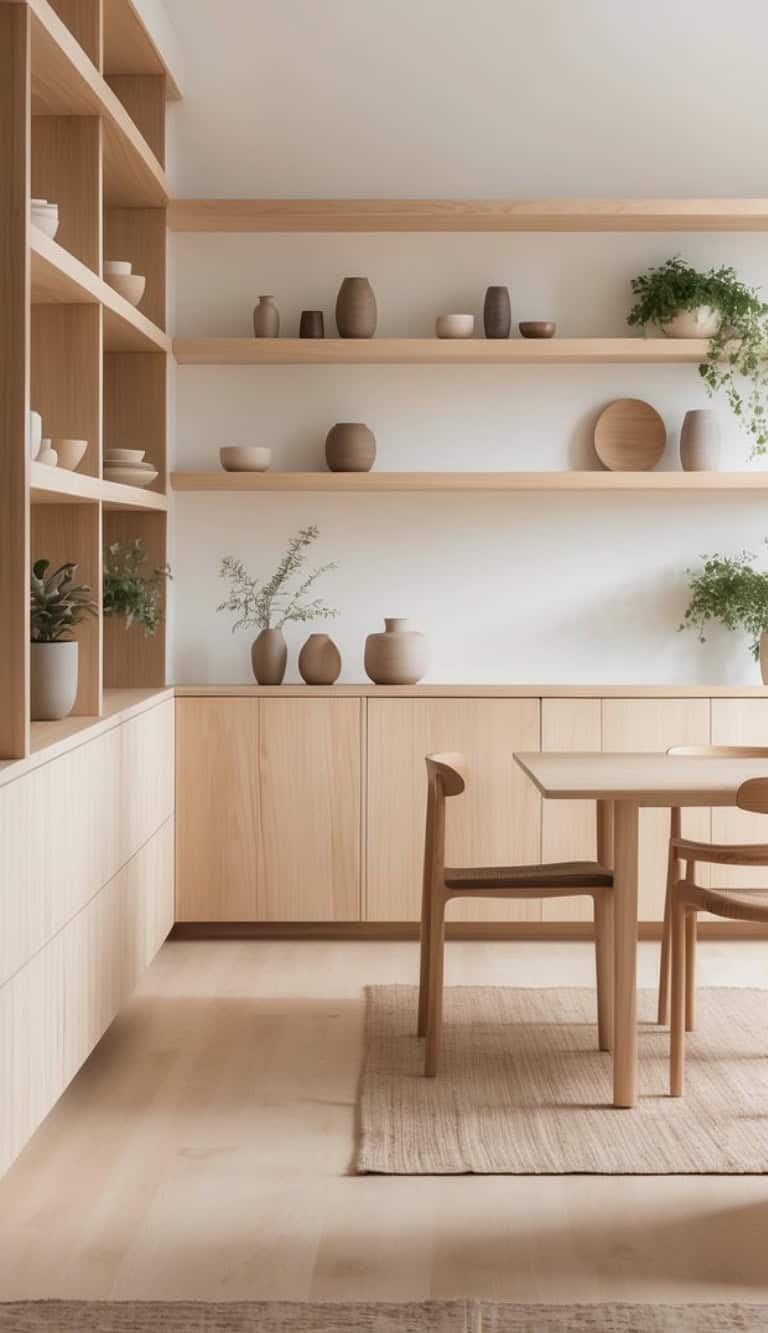 A minimalist dining area featuring light wood cabinetry and shelves filled with various pottery pieces. A wooden table with two chairs sits in the center, alongside a textured rug on the floor, while plants are displayed on the shelves and a nearby cabinet.