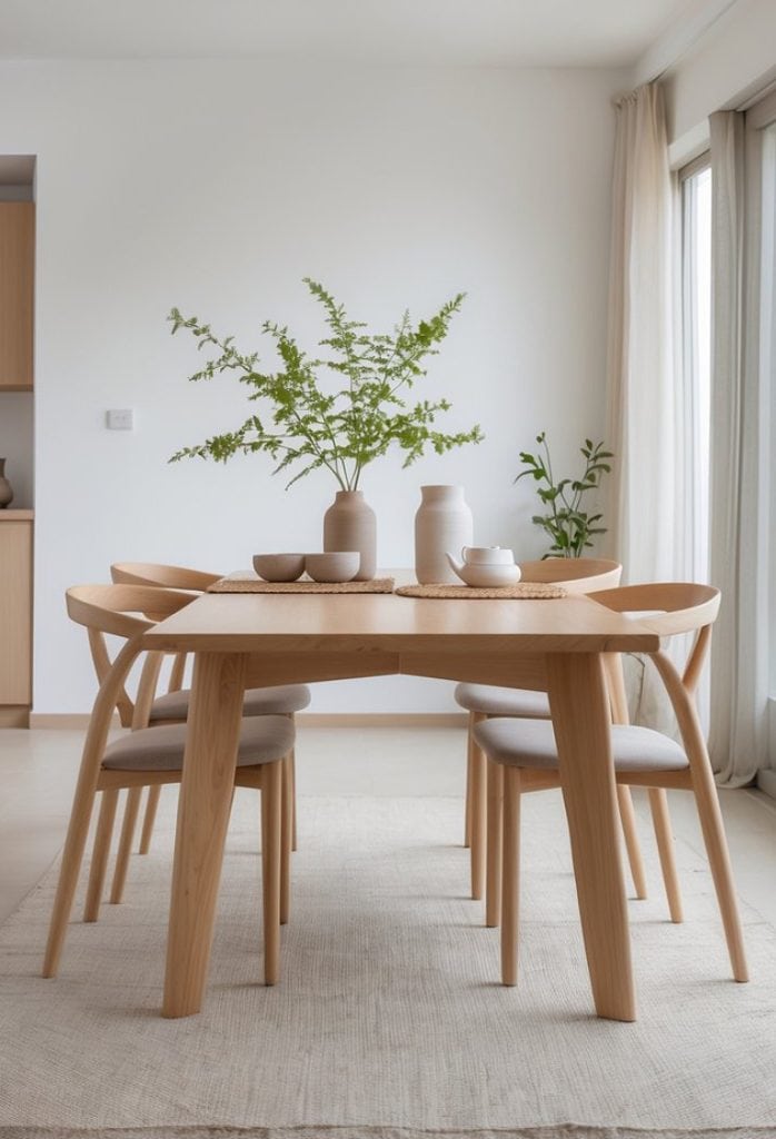 A minimalist dining area featuring a light wooden table with a central arrangement of vases and bowls, surrounded by four beige upholstered chairs; greenery in a vase adds a touch of nature to the space, complemented by a soft rug beneath.