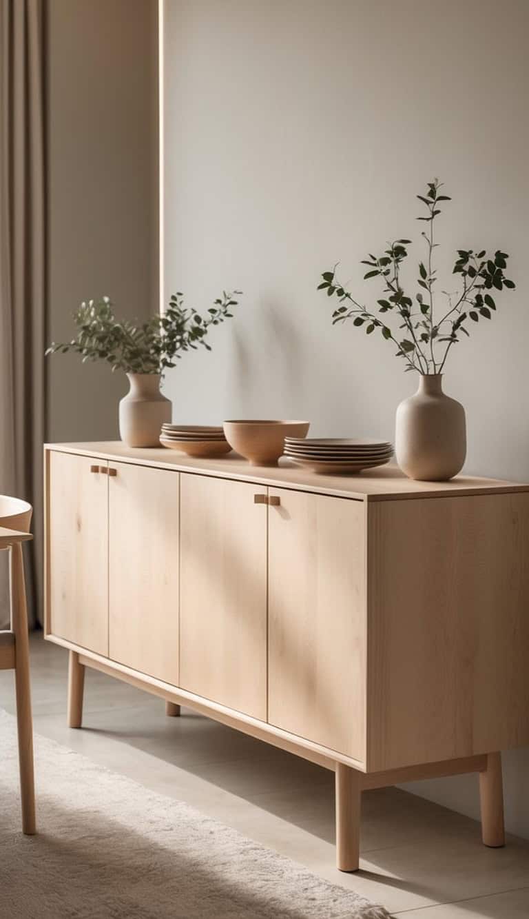 A light wooden sideboard with two vases containing greenery, positioned against a minimalistic beige wall. On top of the sideboard, there are stacked ceramic plates and a bowl, set in a bright, softly lit room with a light rug.
