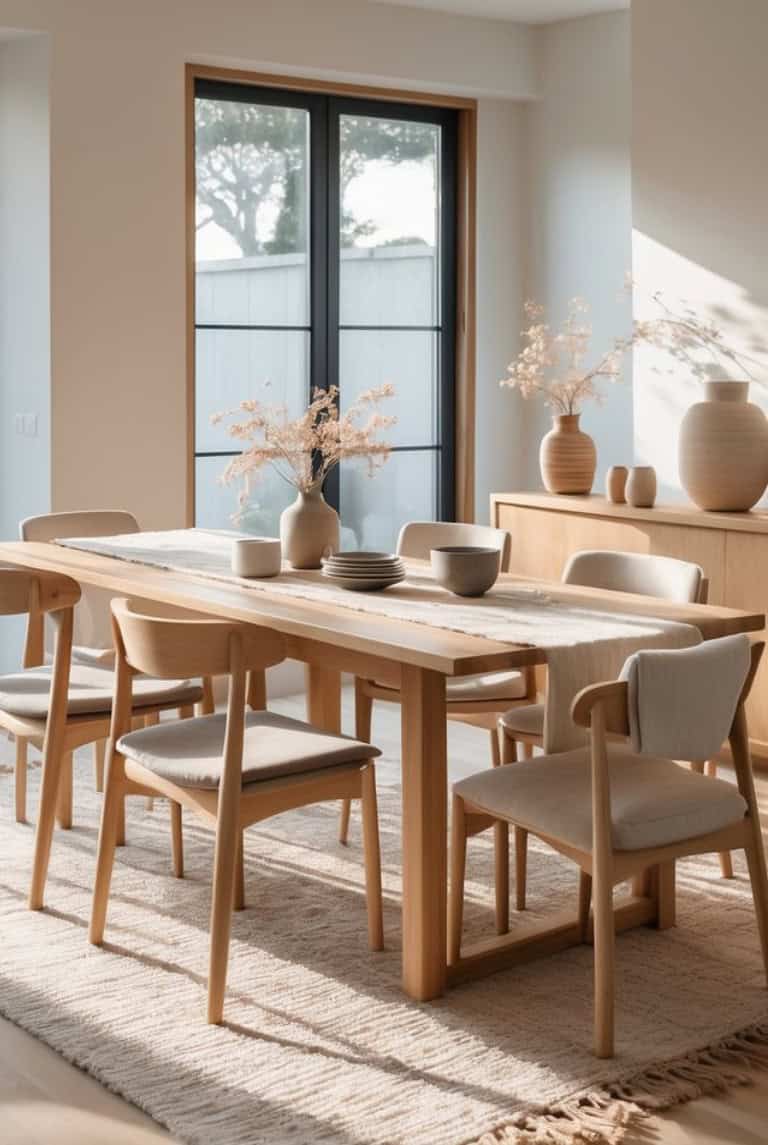 A modern dining room featuring a long wooden table surrounded by light-colored chairs, with a rug underneath. The table is decorated with a light colored table runner, a small round bowl, and a larger bowl. In the background, there are decorative vases on a sideboard, and large windows allow natural light to fill the space.