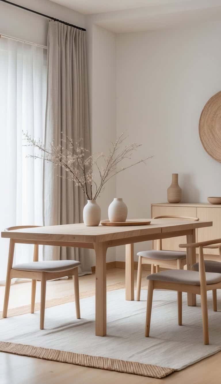 A serene dining area featuring a light wooden table with two vases and a branch with delicate flowers as a centerpiece, surrounded by two chairs with cushions, set against a backdrop of sheer curtains and a woven wall decoration.