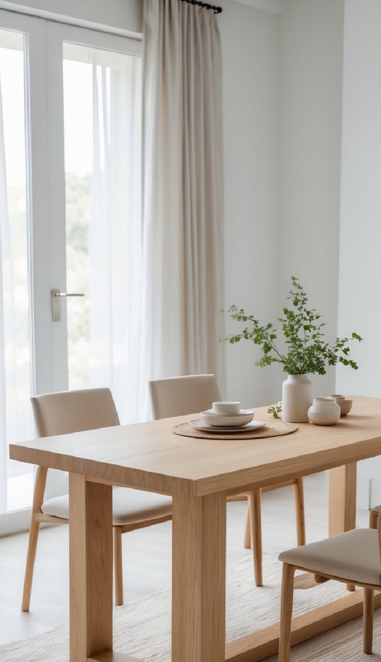 A minimalist dining area featuring a wooden table set with white dishes and a beige placemat, surrounded by two light-colored chairs. A large window with sheer curtains illuminates the space, and a white vase with greenery decorates the table.