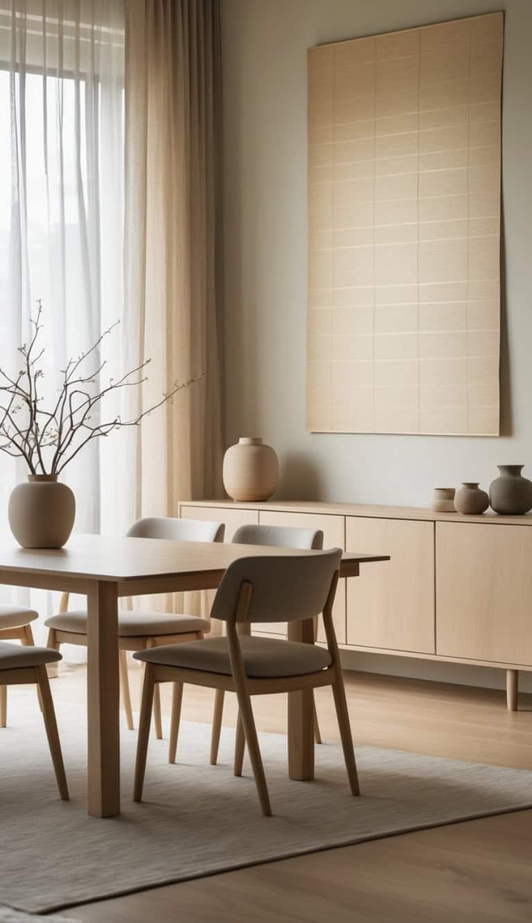 A modern dining area featuring a light wood table with four chairs, a minimalist vase with branches, and a light-colored sideboard behind it. Soft curtains allow natural light to filter in, while a textured artwork hangs on the wall.