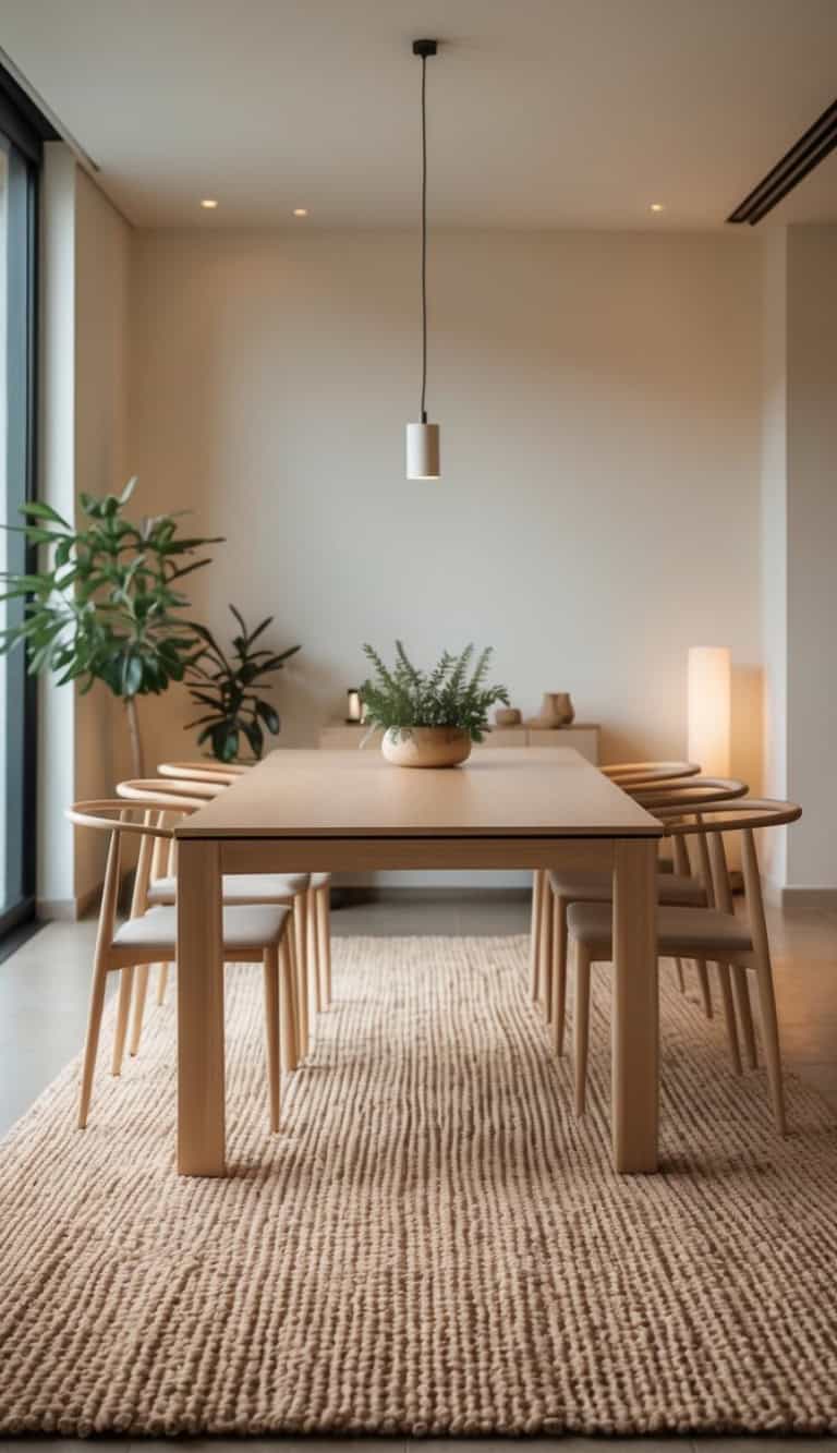 A modern dining room featuring a light wood table surrounded by six wooden chairs, with a potted fern as the centerpiece, soft lighting from a hanging pendant lamp, and large windows letting in natural light. A textured rug covers the floor.