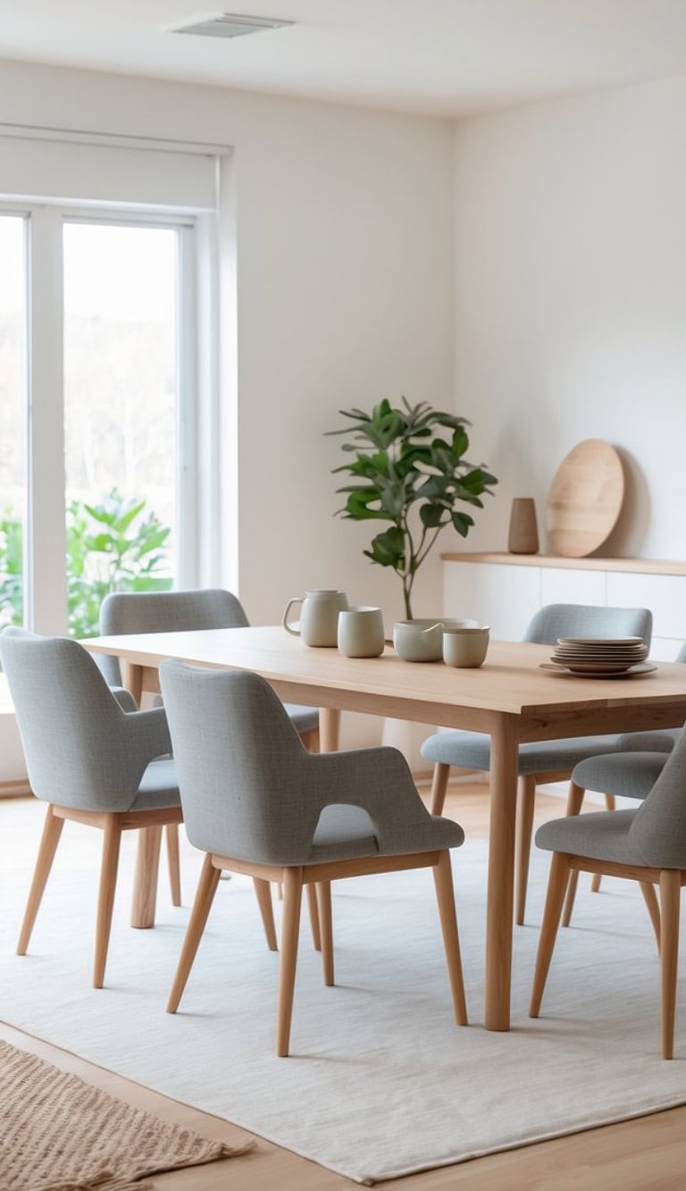 A modern dining room featuring a light wooden table surrounded by six gray upholstered chairs. A potted plant is in the corner, and the table is set with neutral-colored dishware including bowls and a pitcher, against a backdrop of large windows letting in natural light.
