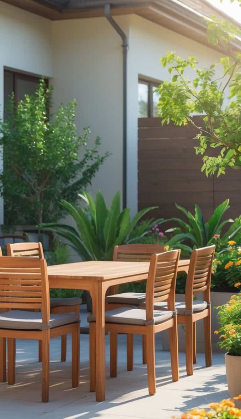 A wooden patio table surrounded by six chairs with cushions, set in a garden featuring various lush green plants and flowers, against a backdrop of a modern house.