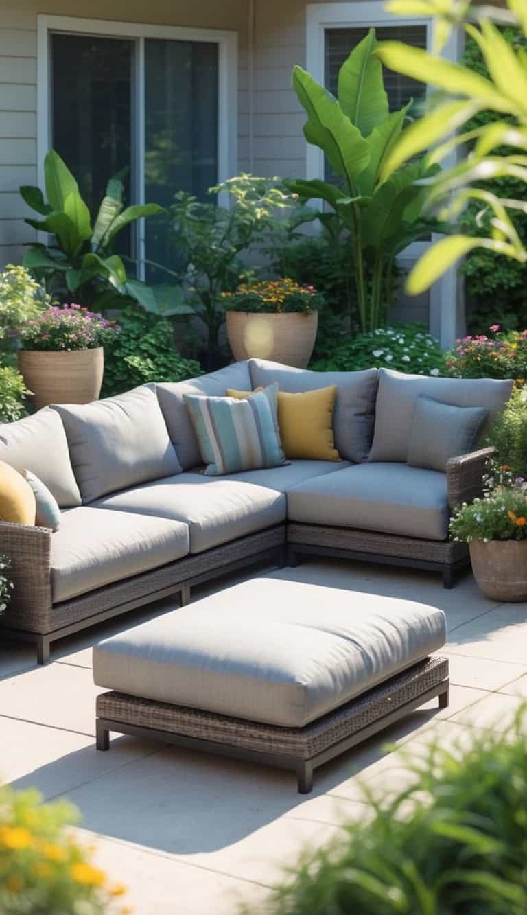 A cozy outdoor seating area featuring a light gray sectional sofa with colorful throw pillows and a matching ottoman, surrounded by lush green plants and vibrant flowers in decorative pots, with large windows in the background.