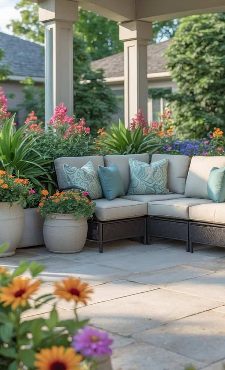 A corner outdoor seating area featuring a light beige sectional couch adorned with decorative pillows in shades of blue, surrounded by an array of colorful flowering plants in large pots, under a covered porch framed by columns.