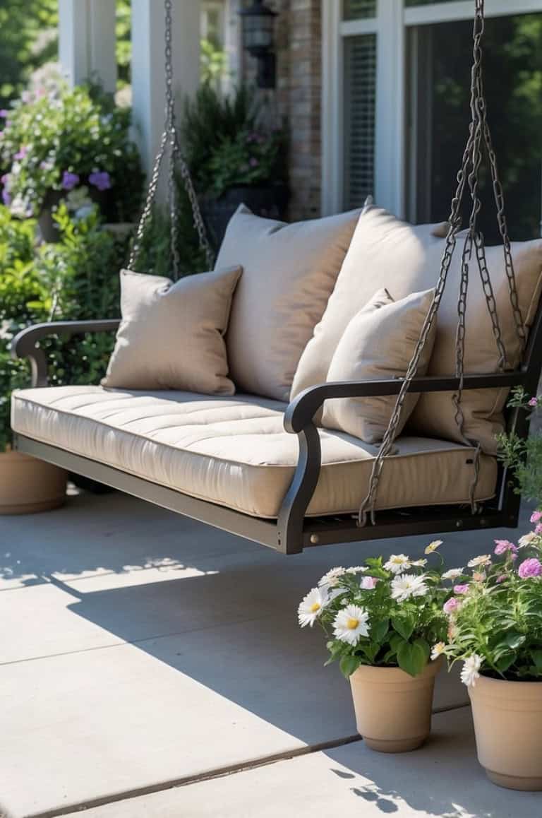 A beige cushioned swing sofa with back and side pillows, suspended by chains, is positioned on a patio surrounded by colorful potted flowers and greenery.