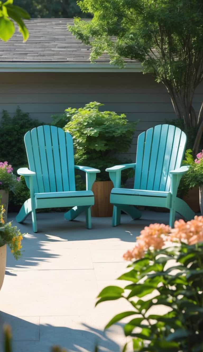 Two turquoise Adirondack chairs are placed on a patio surrounded by flowering plants and greenery, with a house visible in the background.