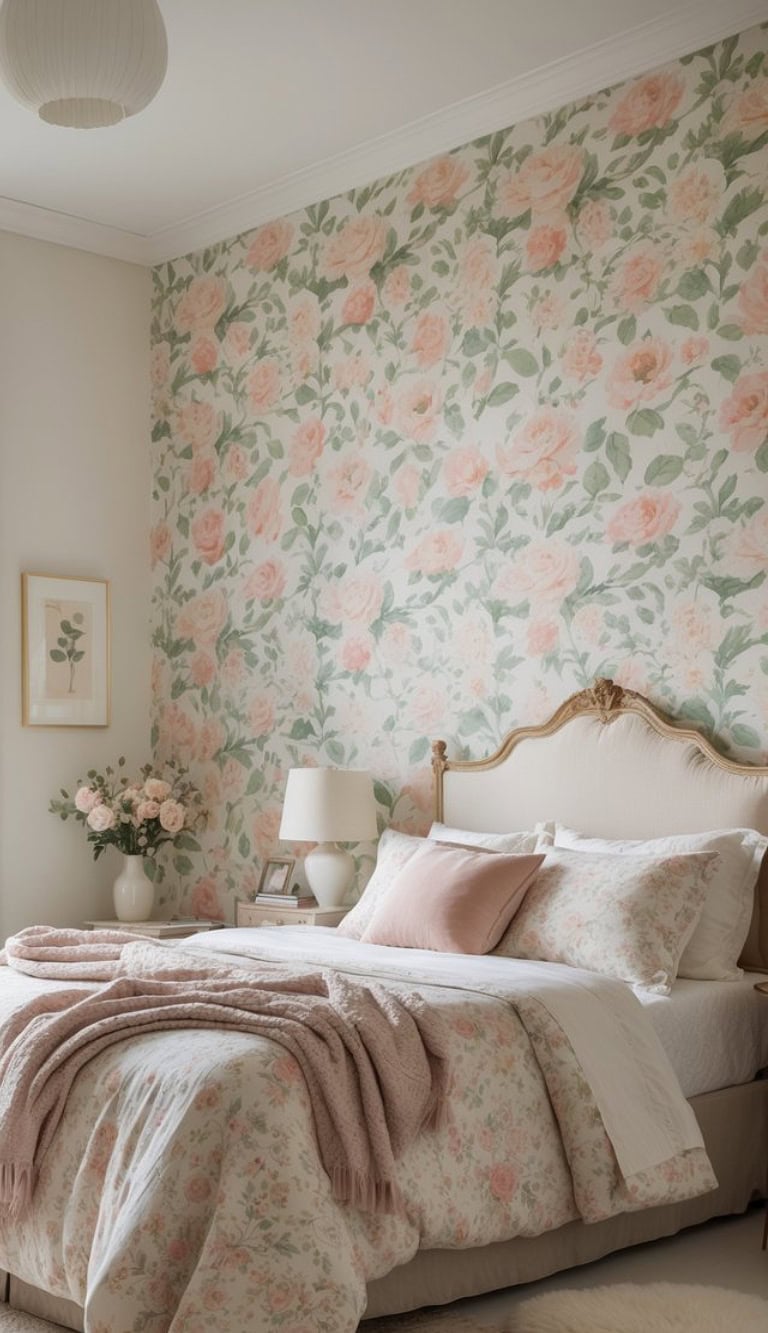A cozy bedroom featuring a floral wallpaper adorned with soft pink roses, a neatly made bed with floral-patterned bedding, and decorative pillows. A bedside table holds a lamp and a small vase of pink flowers, while a framed botanical print decorates the wall next to the bed.