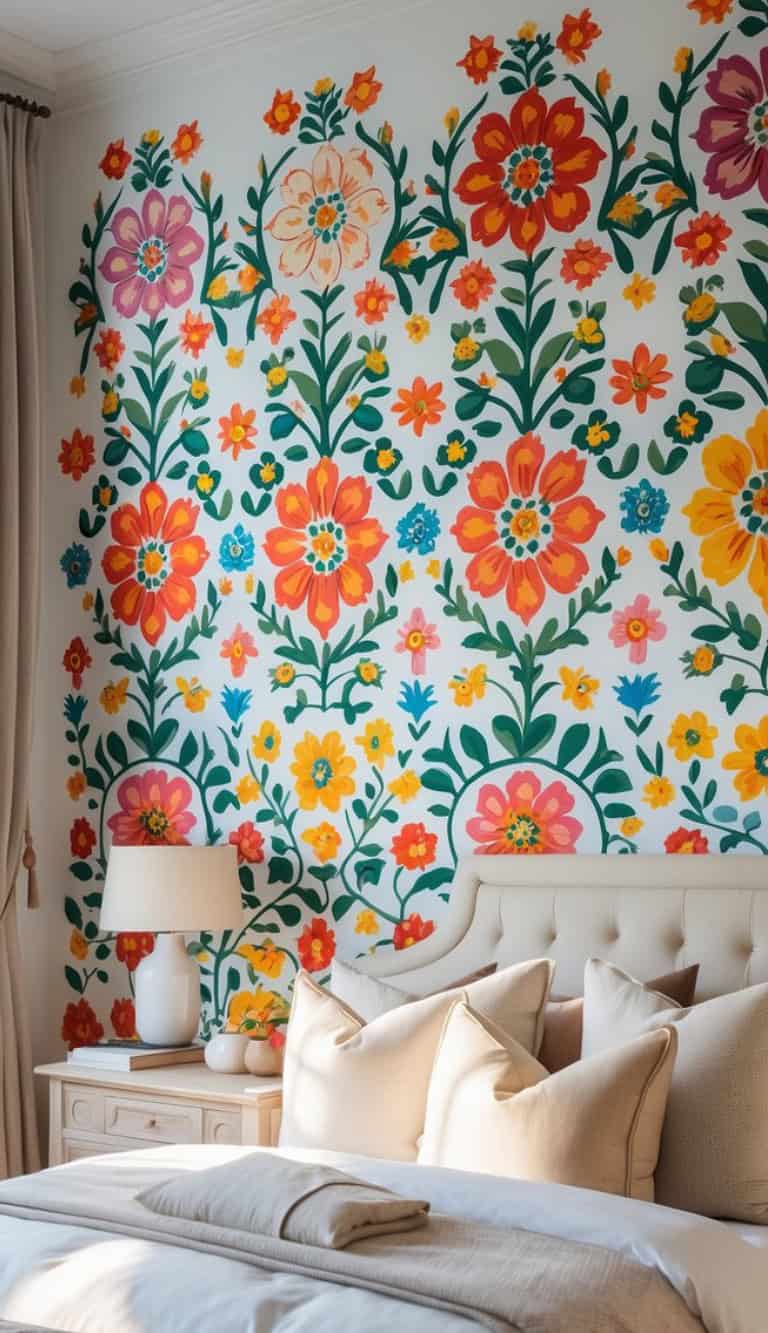 A colorful floral mural covers the wall behind a tufted beige headboard in a bright bedroom, with soft beige bedding and decorative pillows. A lamp and small decorative items are placed on a nearby nightstand.