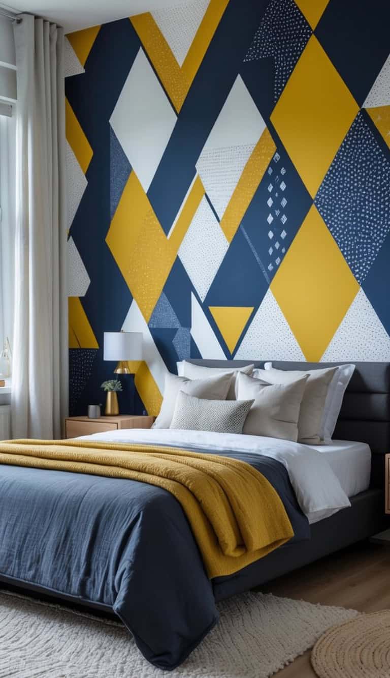 A modern bedroom featuring a visually striking geometric patterned wall in navy blue, white, and mustard yellow. The bed has a navy blue duvet and a bright yellow throw blanket draped across it, paired with multiple decorative pillows. A small nightstand with a lamp and a plant is visible beside the bed, and light curtains frame a window.