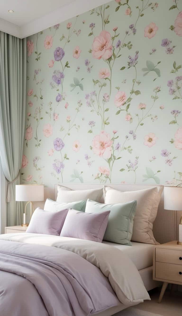 A cozy bedroom featuring a floral wallpaper in soft pastel colors with pink and purple flowers, complemented by light green curtains and a neatly made bed with pale-colored bedding and pillows in lavender and mint green, alongside wooden nightstands with lamps.