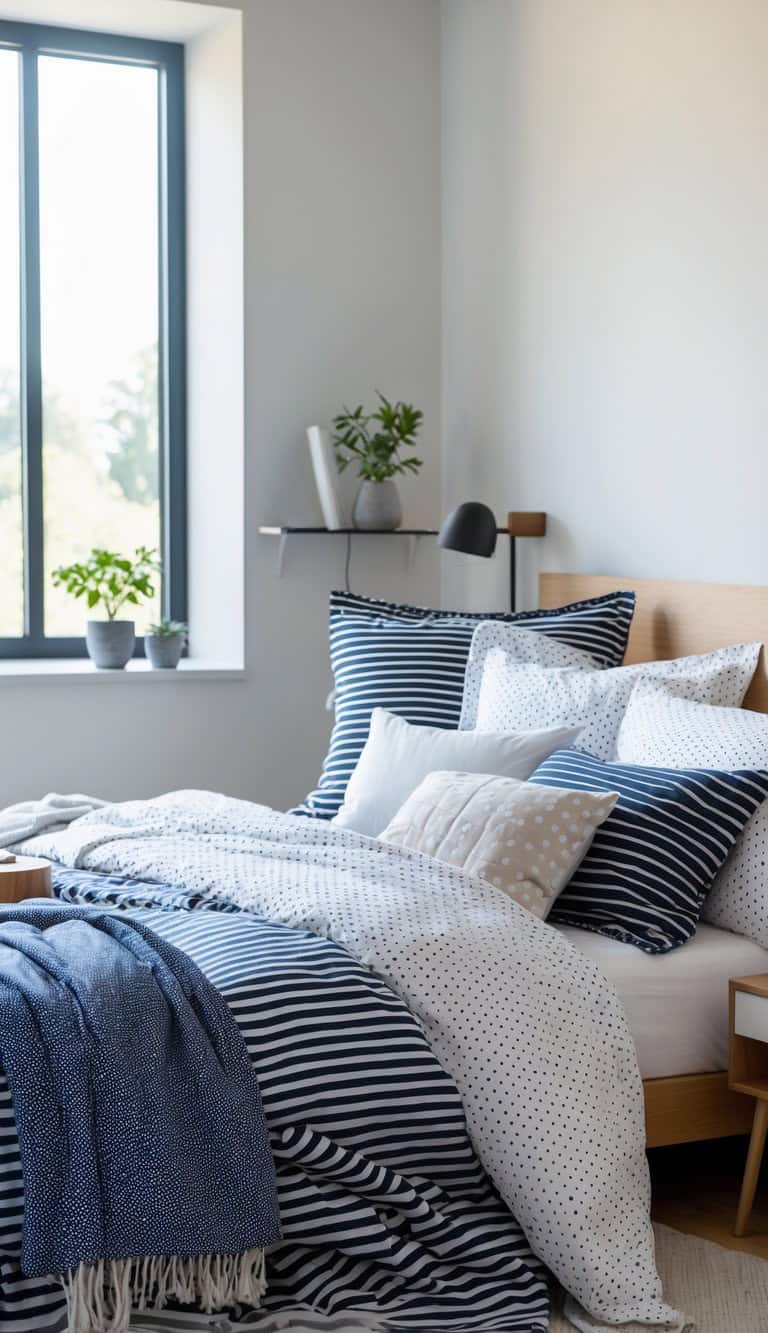 A cozy bedroom featuring a bed with navy and white striped and polka dot bedding, multiple pillows in varying patterns, a navy throw blanket draped over the side, a window allowing natural light, and small potted plants on a windowsill and a shelf.