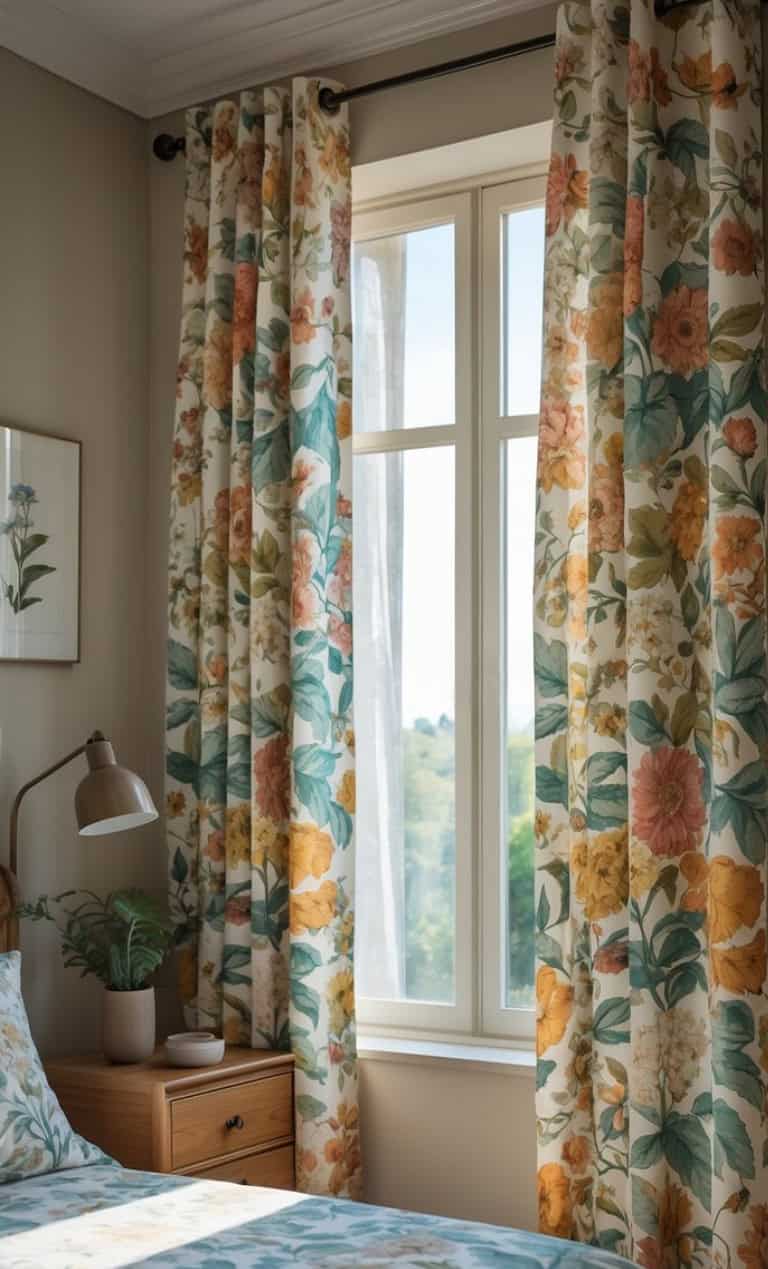 A cozy bedroom featuring colorful floral curtains with shades of orange, pink, and blue, hanging by a window that lets in natural light. There is a bedside table with a modern lamp and a small potted plant, along with floral-patterned bedding.