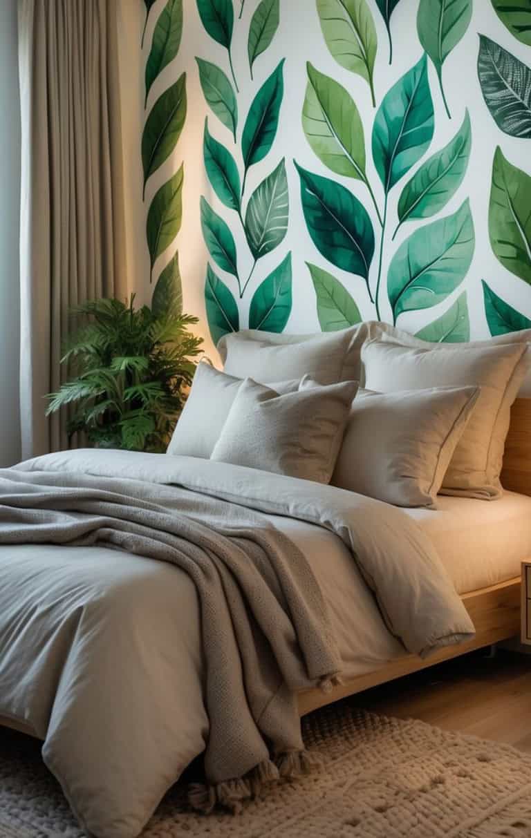 A cozy bedroom featuring a large bed with light-colored bedding and multiple decorative pillows, a soft-textured throw draped over the comforter, and a wall adorned with green leaf designs. A lush potted plant is visible next to the bed, complemented by sheer curtains and a textured rug on the floor.